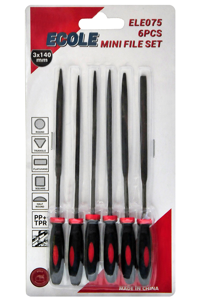 Ecole marka 3x140 mm boyutlarında, yuvarlak, üçgen, düz ve kare uç profillerine sahip kaymaz saplı 6'lı mini metal eğe seti.
