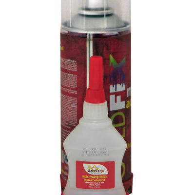 Gold Fix marka, MDF, ahşap, kauçuk, deri ve metal yüzeyler için 400 ml aktivatör sprey ve siyanoakrilat bazlı yapıştırıcı içeren hızlı yapıştırıcı seti.