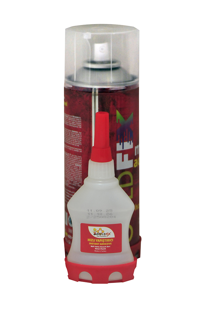 Gold Fix marka, MDF, ahşap, kauçuk, deri ve metal yüzeyler için 400 ml aktivatör sprey ve siyanoakrilat bazlı yapıştırıcı içeren hızlı yapıştırıcı seti.