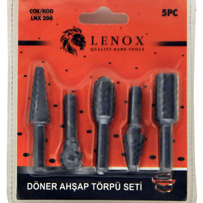 Lenox marka matkap ve kalıpçı taşlama uyumlu, ahşap oyma ve şekillendirme işlemleri için tasarlanmış 5 farklı uç profiline sahip döner ahşap törpü seti.