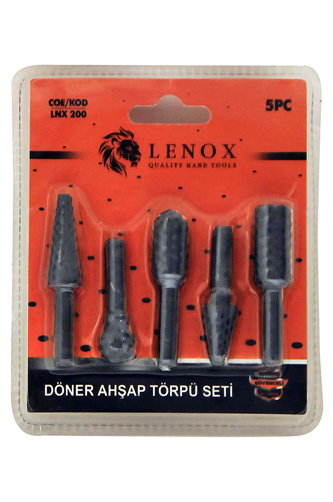 Lenox marka matkap ve kalıpçı taşlama uyumlu, ahşap oyma ve şekillendirme işlemleri için tasarlanmış 5 farklı uç profiline sahip döner ahşap törpü seti.
