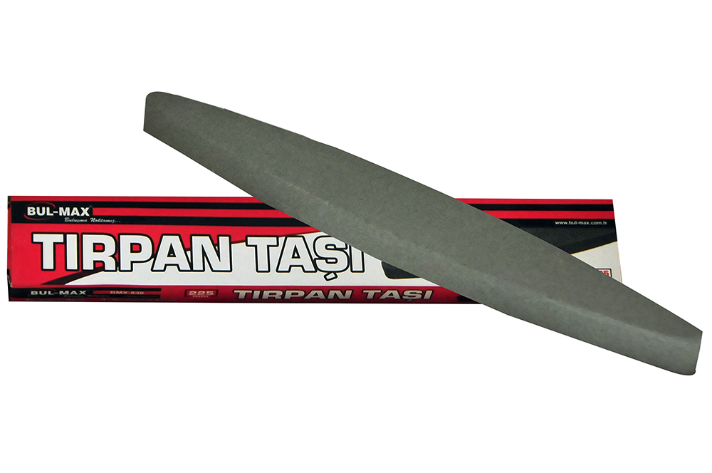 Bul-Max marka 225 mm uzunluğunda, tırpan, orak ve benzeri tarım aletlerinin bilenmesi için özel formlu oval (mekik) bileme taşı.