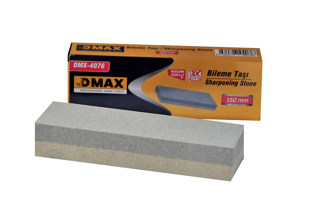 Dmax marka 150 mm ebatlarında, bıçak, keski ve el aletlerini bilemek için tasarlanmış ince ve kalın kum yapısına sahip çift taraflı dikdörtgen bileme taşı.