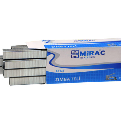 Miraç marka, 131/8 standart ölçülerinde, ahşap ve mobilya döşeme işleri için tasarlanmış 1000 adet paslanmaz galvaniz zımba teli kutusu.