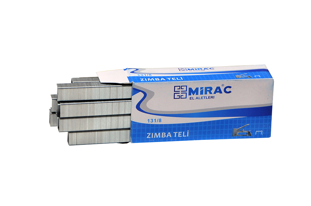 Miraç marka, 131/8 standart ölçülerinde, ahşap ve mobilya döşeme işleri için tasarlanmış 1000 adet paslanmaz galvaniz zımba teli kutusu.