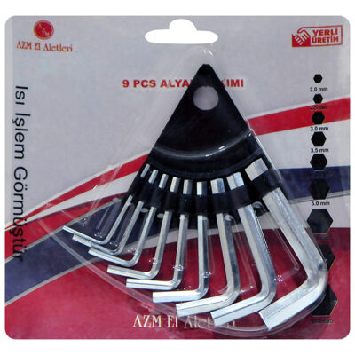 AZM marka, 2.0 mm ile 10.0 mm arasında 9 farklı ölçü içeren, ısıl işlem görmüş çelikten üretilmiş taşıma askılı altıgen alyan anahtar seti.