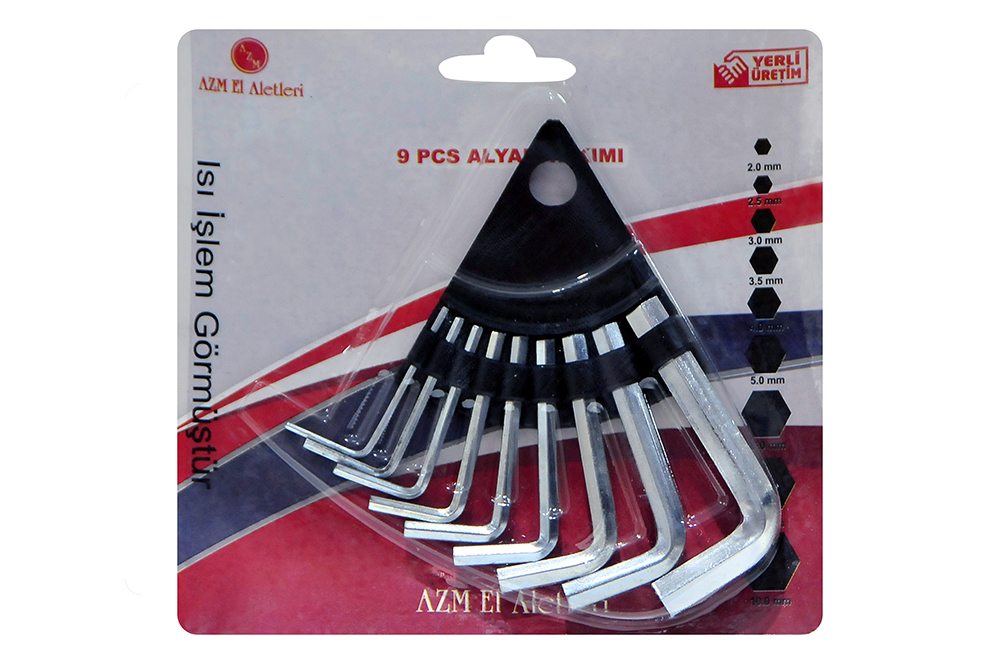 AZM marka, 2.0 mm ile 10.0 mm arasında 9 farklı ölçü içeren, ısıl işlem görmüş çelikten üretilmiş taşıma askılı altıgen alyan anahtar seti.