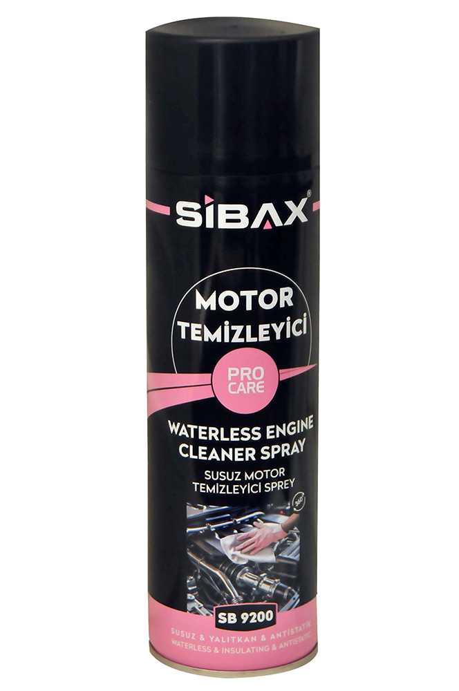 Sibax marka SB 9200 kodlu, motor bloğu üzerindeki yağ ve kirleri su kullanmadan temizleyen yalıtkan ve antistatik özellikli sprey.