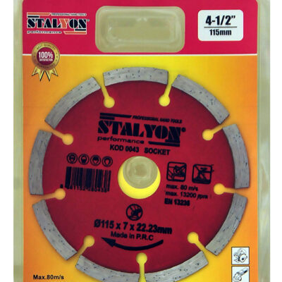 Stalyon marka, 115x7x22.23mm ölçülerinde, avuç taşlama makineleriyle fayans, mermer ve seramik kesimi için tasarlanmış 13200 devir dayanımlı segmentli elmas disk.
