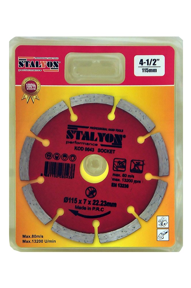 Stalyon marka, 115x7x22.23mm ölçülerinde, avuç taşlama makineleriyle fayans, mermer ve seramik kesimi için tasarlanmış 13200 devir dayanımlı segmentli elmas disk.