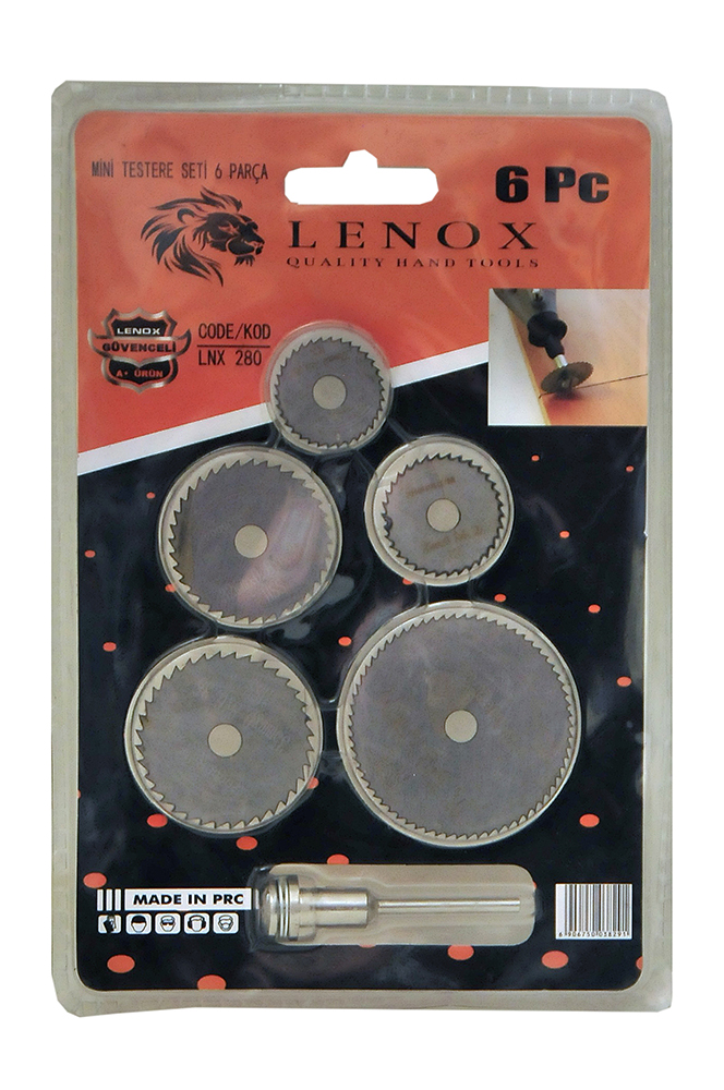 Lenox marka, ahşap, plastik ve ince metal kesimleri için gravür makineleriyle uyumlu 5 adet dairesel testere ve 1 adet mandrel içeren 6 parça mini testere seti.