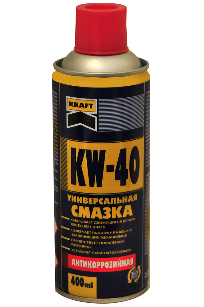 Kraft marka KW-40 serisi, paslanmış metal parçaları çözen, nemi uzaklaştıran ve korozyonu önleyen 400 ml çok amaçlı bakım spreyi.