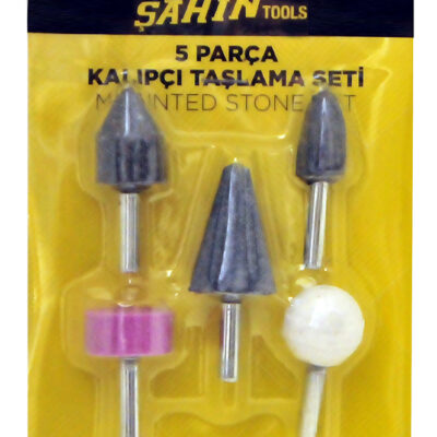 Şahin Tools marka, metal yüzeylerdeki çapak alma, tesviye ve taşlama işlemleri için matkap motorlarına uyumlu 5 farklı formda saplı zımpara taşı seti.