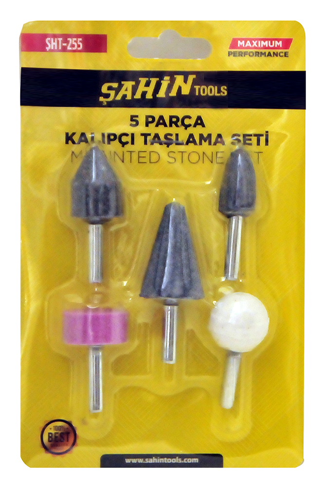 Şahin Tools marka, metal yüzeylerdeki çapak alma, tesviye ve taşlama işlemleri için matkap motorlarına uyumlu 5 farklı formda saplı zımpara taşı seti.