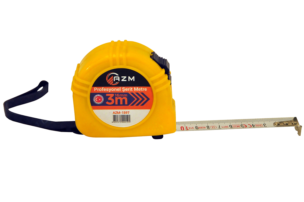 AZM marka, darbelere karşı dayanıklı sarı renkli plastik gövdeye sahip, 3 metre uzunluğunda ve 16 milimetre şerit genişliğinde profesyonel şerit metre.