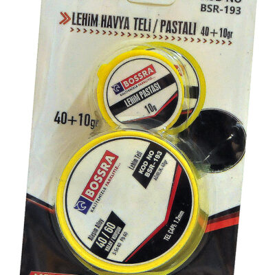 Bossra marka, %40 Kalay %60 Kurşun alaşımlı, 1.2 milimetre tel çapında, plastik makaraya sarılı 40 gram ağırlığında kendinden pastalı (reçineli) lehim teli.