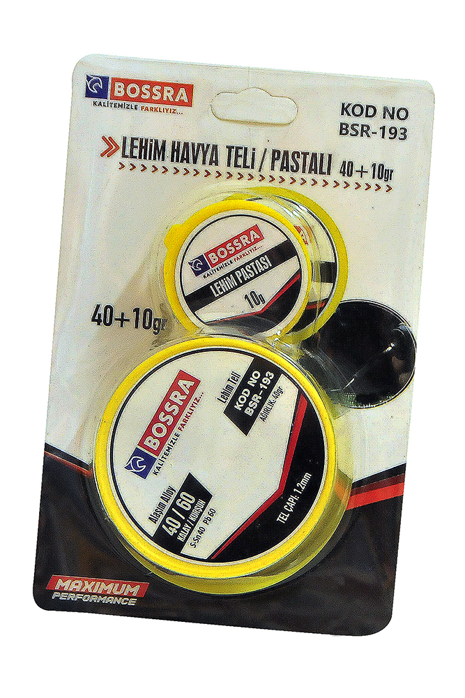 Bossra marka, %40 Kalay %60 Kurşun alaşımlı, 1.2 milimetre tel çapında, plastik makaraya sarılı 40 gram ağırlığında kendinden pastalı (reçineli) lehim teli.