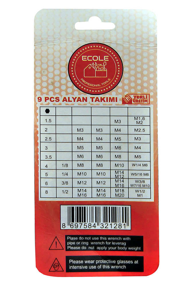 Ecole marka, 1.5 mm ile 10 mm arası ölçülere sahip, plastik muhafaza kılıflı ve ısıl işlem görmüş çelikten üretilmiş 9 parçalı uzun L alyan anahtar setinin paketinin arka yüzü.