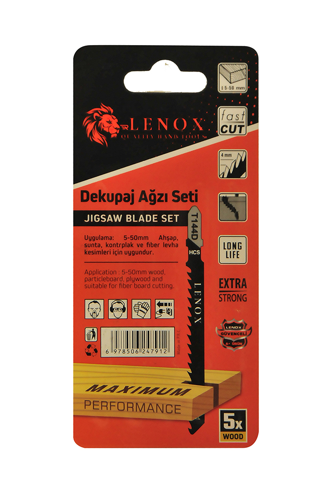 Lenox marka T144D kodlu, ahşap, sunta ve kontrplakta hızlı kesim yapmak için tasarlanmış 5 adet yüksek karbonlu çelik dekupaj ucu setinin ambalajının arka yüzünün görseli.