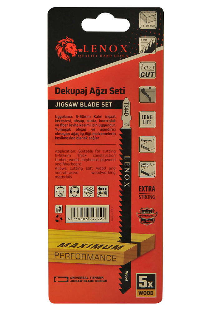 Lenox marka T344D kodlu, kalın inşaat kerestesi ve kalın ahşap malzemelerde uzun ömürlü ve hızlı kesim yapmak için tasarlanmış ekstra uzun yapıdaki 5'li dekupaj ucu setinin ambalajının arka yüzünün görseli.
