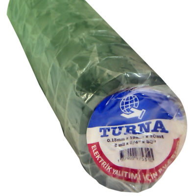 Turna marka, 0.13mm kalınlığında, 19mm eninde ve 10 metre uzunluğunda, elektrik kablolarının yalıtımı için rulo halinde yeşil PVC izolasyon bandı.