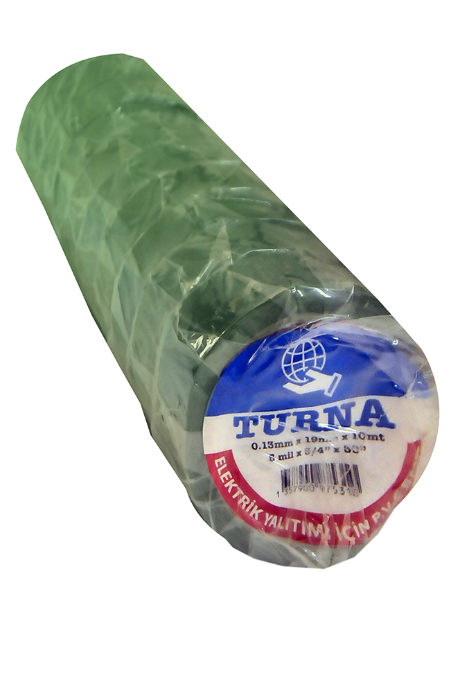 Turna marka, 0.13mm kalınlığında, 19mm eninde ve 10 metre uzunluğunda, elektrik kablolarının yalıtımı için rulo halinde yeşil PVC izolasyon bandı.