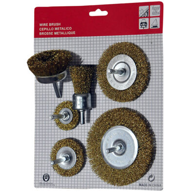 Matkap mandrenine takılarak kullanılan, farklı ebatlarda çanak ve dairesel (disk) formlara sahip, maksimum 4500 RPM devirli 6 parça pirinç kaplı tel fırça seti.