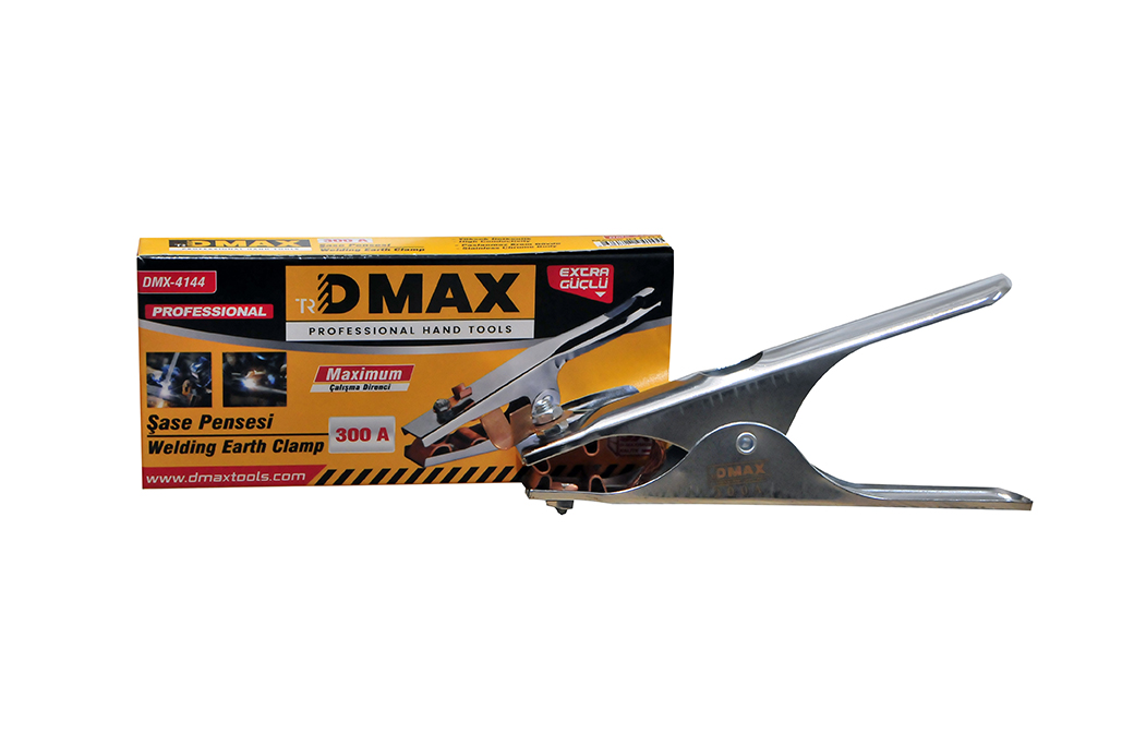 Dmax marka DMX-4144 kodlu, kaynak makineleri için tasarlanmış, yüksek iletkenliğe sahip paslanmaz krom gövdeli 300 amperlik şase pensesi.
