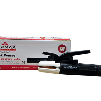 Kapmax marka KP-1150 kodlu, kaynak elektrotlarını tutmak için tasarlanmış, siyah bakalit gövdeli ve yalıtımlı 300 amperlik kaynak pensesi.