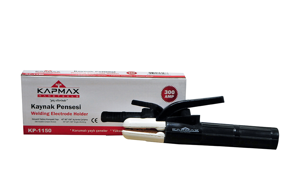 Kapmax marka KP-1150 kodlu, kaynak elektrotlarını tutmak için tasarlanmış, siyah bakalit gövdeli ve yalıtımlı 300 amperlik kaynak pensesi.