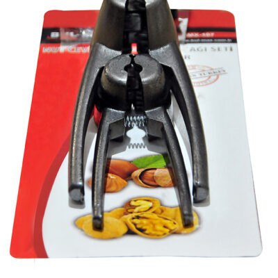 Bul-Max marka BMX-107 kodlu, ergonomik uzun kollu, yaylı mekanizmaya sahip, ceviz ve fındık kırmak için ağır döküm metalden üretilmiş siyah kırıcı pense.