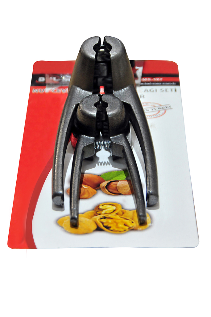 Bul-Max marka BMX-107 kodlu, ergonomik uzun kollu, yaylı mekanizmaya sahip, ceviz ve fındık kırmak için ağır döküm metalden üretilmiş siyah kırıcı pense.