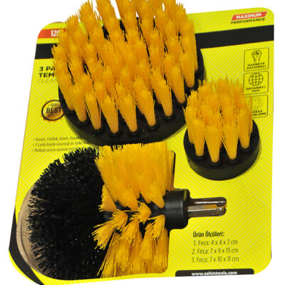 Şahin Tools marka, banyo, mutfak fayansları ve koltuk yıkama için tasarlanmış, matkap ucuna takılan sarı-siyah renkli 3 farklı ebatta sentetik kıl temizlik fırçası.