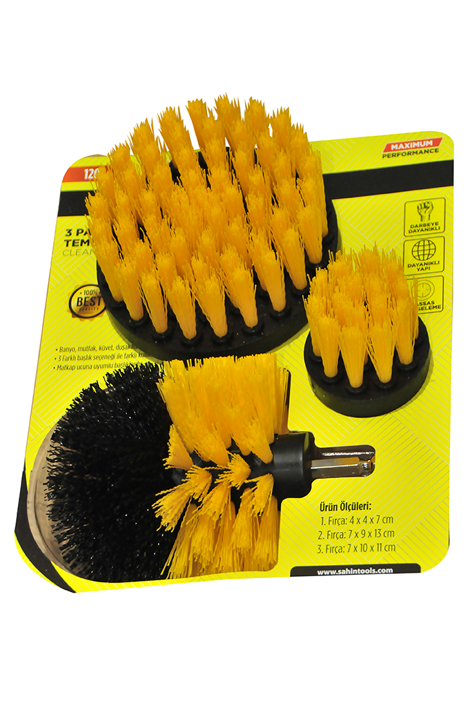 Şahin Tools marka, banyo, mutfak fayansları ve koltuk yıkama için tasarlanmış, matkap ucuna takılan sarı-siyah renkli 3 farklı ebatta sentetik kıl temizlik fırçası.
