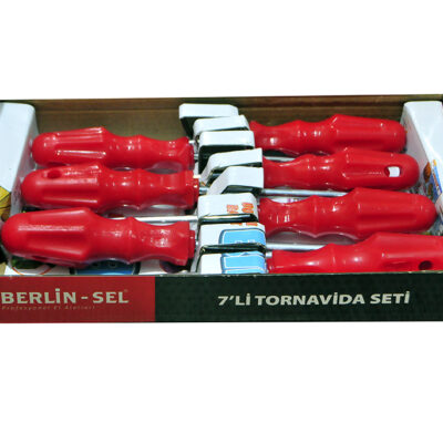 Berlin-Sel marka, kırmızı renkli ergonomik ve kalın tutuş saplarına sahip, karışık boylarda düz (slotted) ve yıldız (phillips) profillerden oluşan 7 parçalı tornavida seti.