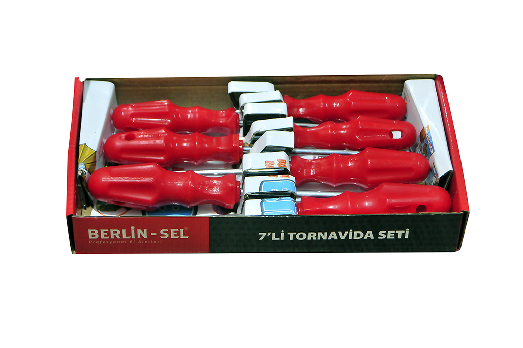 Berlin-Sel marka, kırmızı renkli ergonomik ve kalın tutuş saplarına sahip, karışık boylarda düz (slotted) ve yıldız (phillips) profillerden oluşan 7 parçalı tornavida seti.