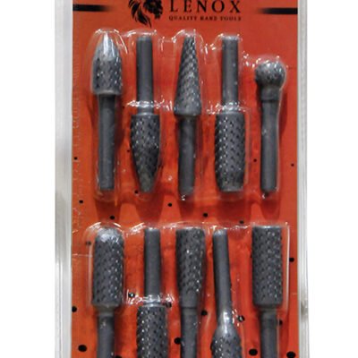 Lenox marka LNX 202 kodlu, ahşap oymacılığı ve pürüz alma işlemleri için matkap veya kalıpçı motoruna takılan 10 farklı formda siyah döner törpü ucu seti.