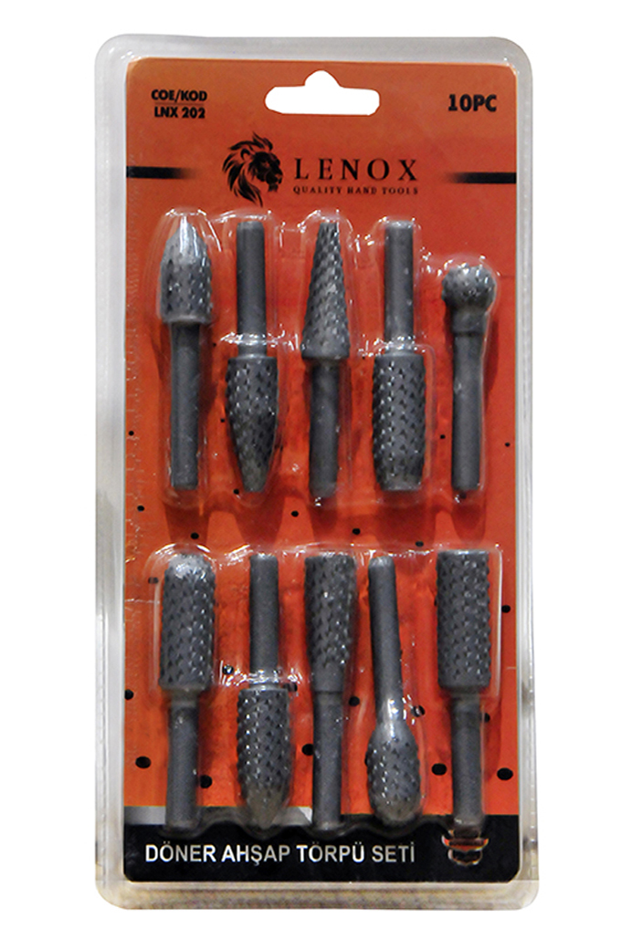 Lenox marka LNX 202 kodlu, ahşap oymacılığı ve pürüz alma işlemleri için matkap veya kalıpçı motoruna takılan 10 farklı formda siyah döner törpü ucu seti.