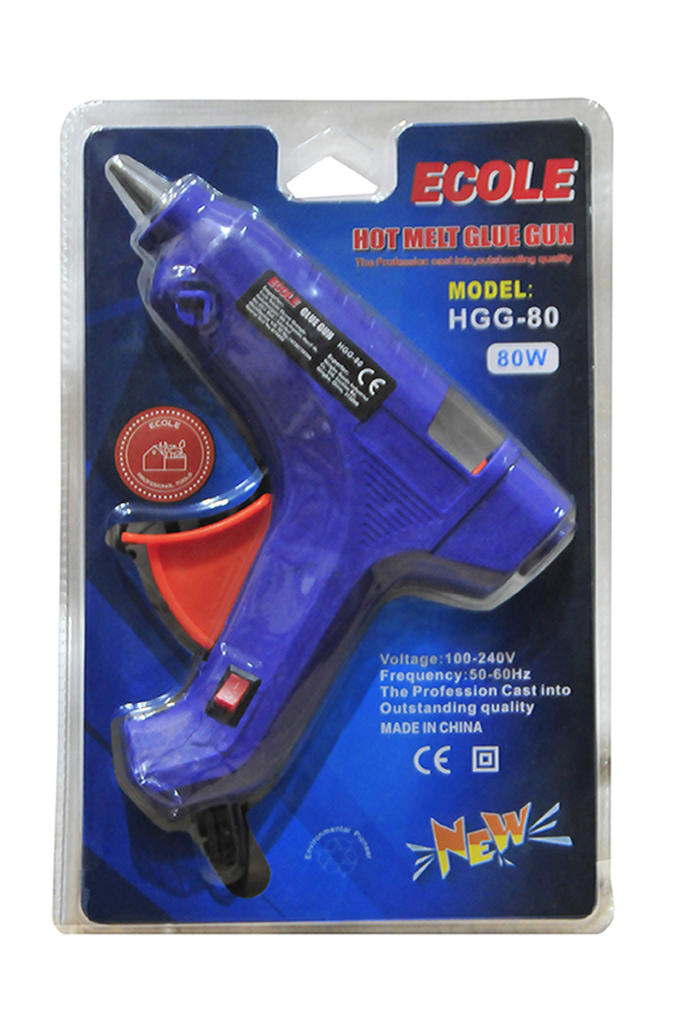 Ecole marka HGG-80 model, mavi renkli gövdeye, üzerinde açma-kapama anahtarına sahip, kalın mum silikonlar için 80 Watt gücünde sıcak sıcak silikon tabancası.