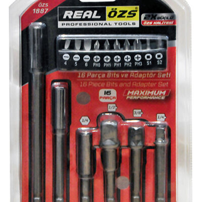 Real Özs marka 1887 kodlu, 1/4, 3/8 ve 1/2 inç lokma adaptörleri ile şarjlı matkaplara uyumlu yıldız, düz ve kare profilli uzun/kısa bits uçları içeren 16 parçalı set.