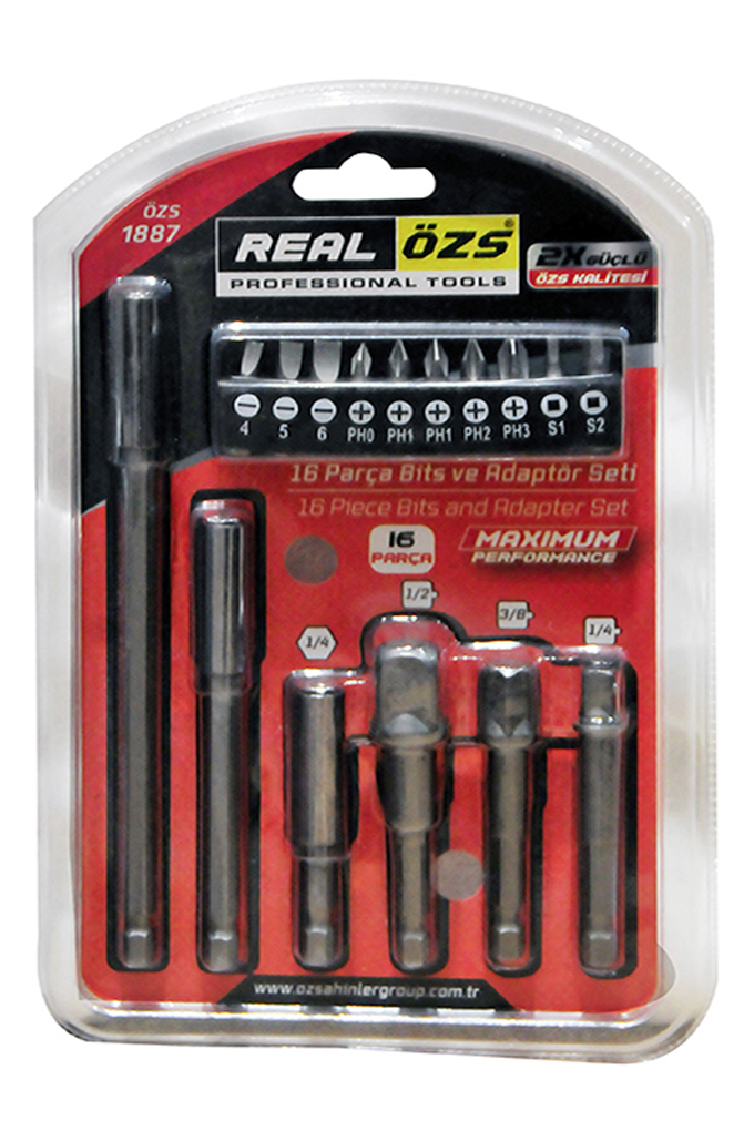 Real Özs marka 1887 kodlu, 1/4, 3/8 ve 1/2 inç lokma adaptörleri ile şarjlı matkaplara uyumlu yıldız, düz ve kare profilli uzun/kısa bits uçları içeren 16 parçalı set.