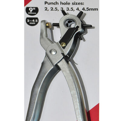 Ecole marka ELE086 kodlu, kemer, deri, kumaş ve kalın kartonlarda 2mm ile 4.5mm arası delikler açmak için 6 farklı döner zımba ucuna sahip metal delme pensesi.