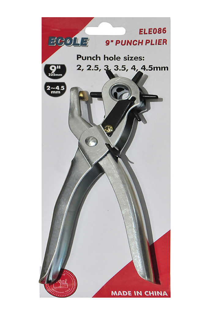 Ecole marka ELE086 kodlu, kemer, deri, kumaş ve kalın kartonlarda 2mm ile 4.5mm arası delikler açmak için 6 farklı döner zımba ucuna sahip metal delme pensesi.