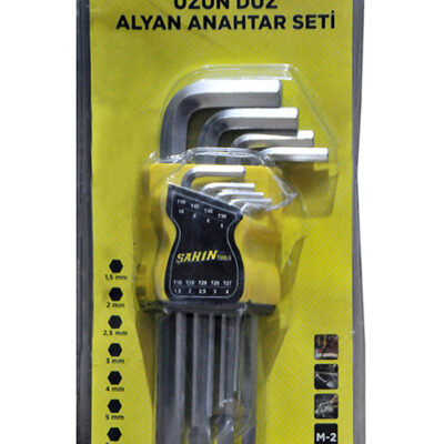 Şahin Tools marka SHT-071 kodlu, Krom Vanadyum çeliğinden üretilmiş, sarı plastik kılıflı, 1.5 ile 10mm arası 9 adet uzun düz uçlu altıgen alyan seti.