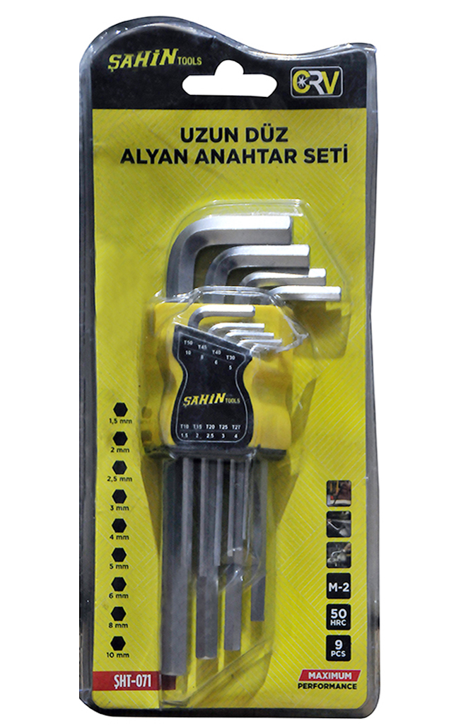 Şahin Tools marka SHT-071 kodlu, Krom Vanadyum çeliğinden üretilmiş, sarı plastik kılıflı, 1.5 ile 10mm arası 9 adet uzun düz uçlu altıgen alyan seti.