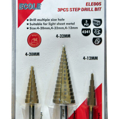 Ecole marka ELE005 kodlu, hafif metallerde 4-12mm, 4-20mm ve 4-32mm çaplarında çoklu delikler açmak için 3 adet HSS çelikten yapılmış kademeli matkap ucu.