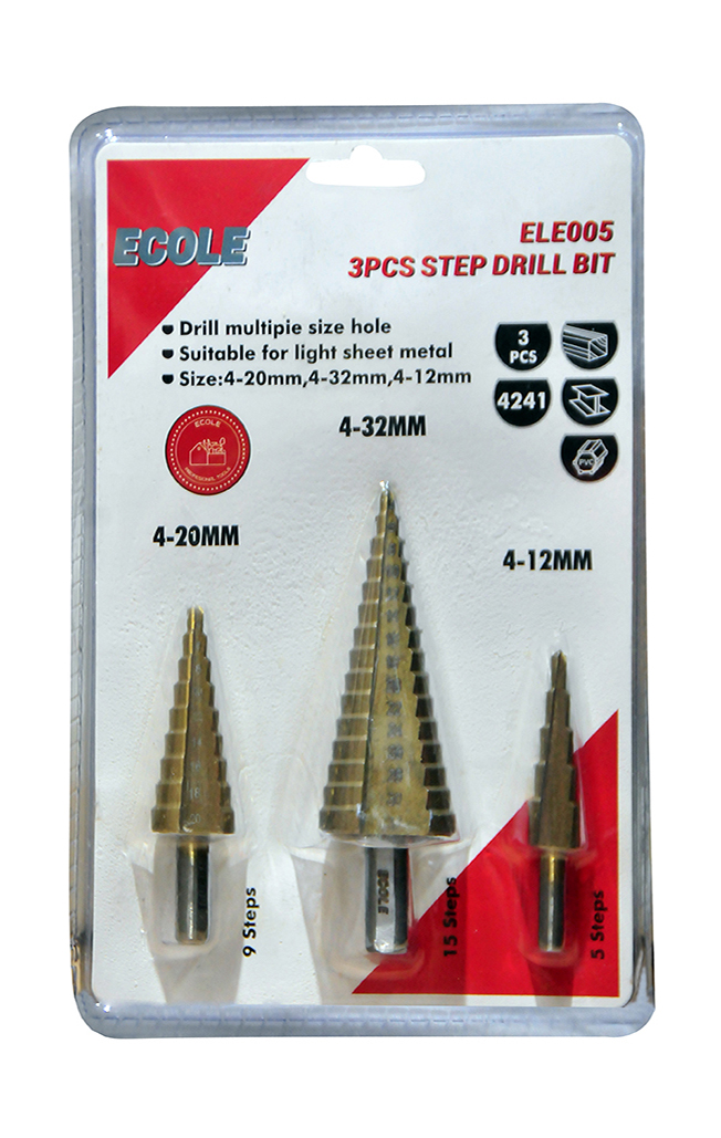 Ecole marka ELE005 kodlu, hafif metallerde 4-12mm, 4-20mm ve 4-32mm çaplarında çoklu delikler açmak için 3 adet HSS çelikten yapılmış kademeli matkap ucu.