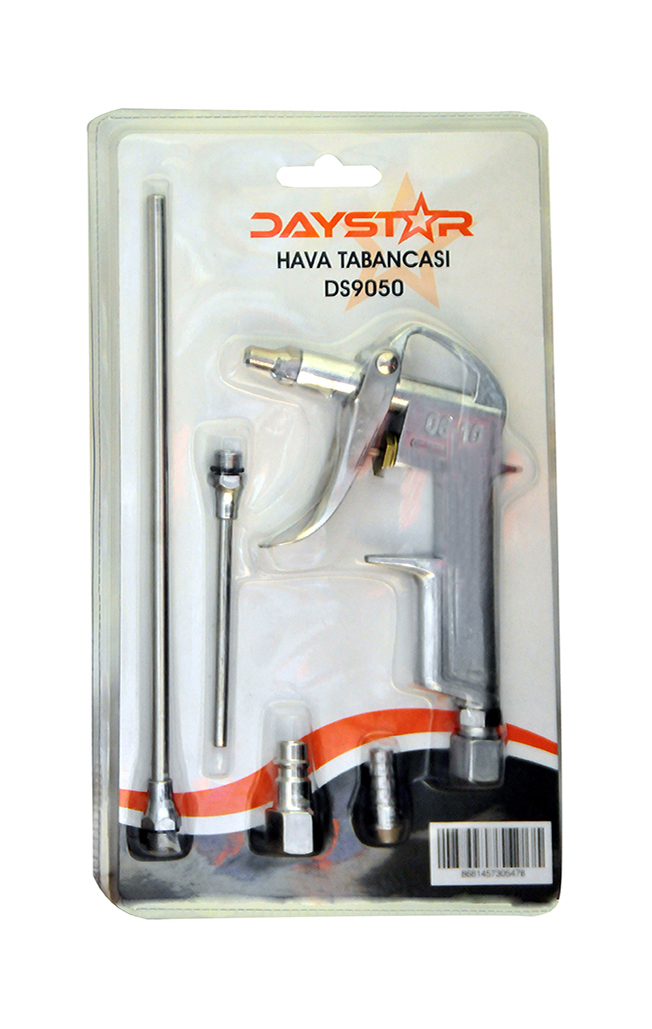Daystar marka DS9050 model, kompresör bağlantısı için tasarlanmış, kısa ve ekstra uzun nozül uçları ile hava rekorlarını içeren alüminyum gövdeli pnömatik hava tabancası seti.
