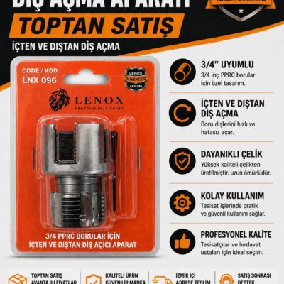 Lenox marka LNX 096 kodlu, 3/4 inç plastik tesisat borularında içten ve dıştan hızlı diş açmak için kullanılan yüksek kaliteli çelik pafta aparatı.