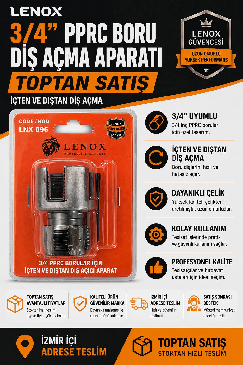 Lenox marka LNX 096 kodlu, 3/4 inç plastik tesisat borularında içten ve dıştan hızlı diş açmak için kullanılan yüksek kaliteli çelik pafta aparatı.
